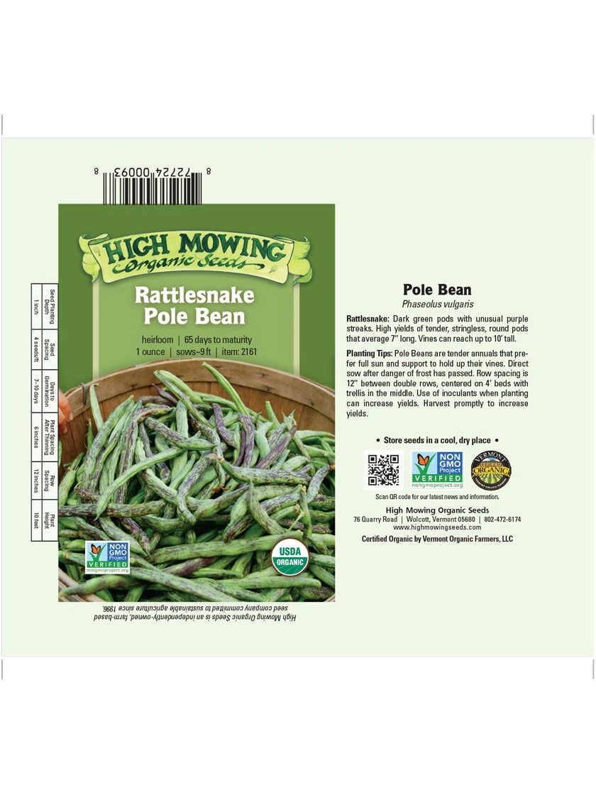 Rattlesnake Pole Bean Organic Seeds - Image 2